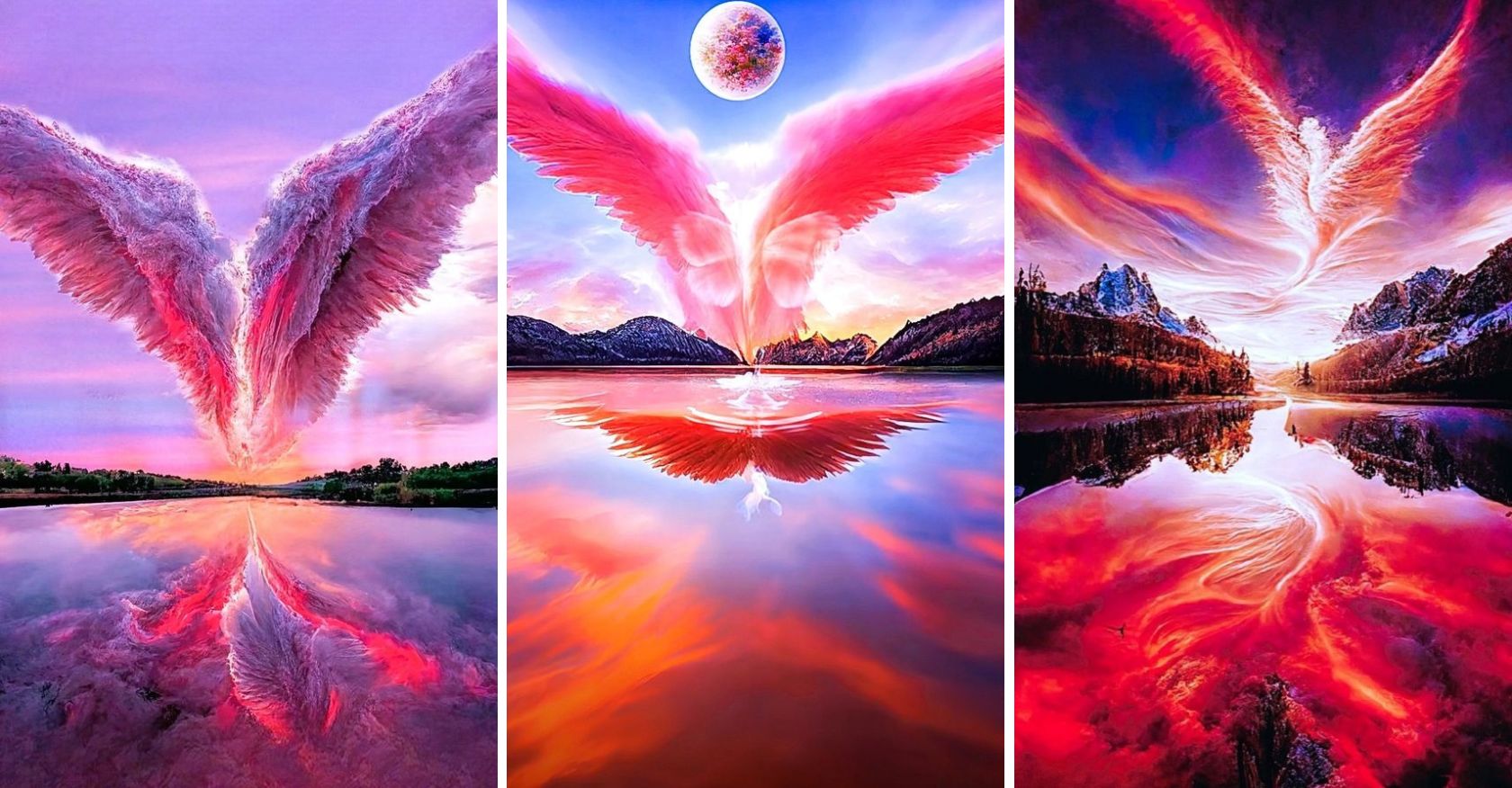 The painting showcasing a blend of red and orange hues in the sky, along with wings spread, generates a stunning sight.